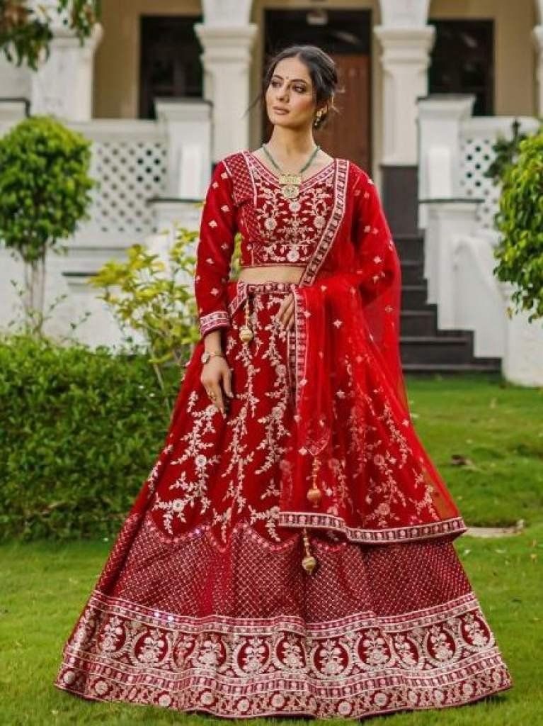 beautiful blood red siroski an 1712039679 Beautiful Blood Red Siroski and Real Mirror Work Bridal Lehenga