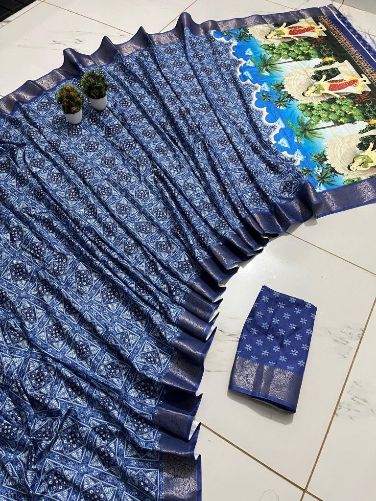 beautiful blue soft dola silk 1719580663 Beautiful Blue Soft Dola Silk Saree With Flower Design
