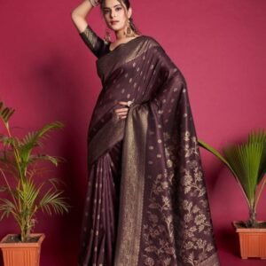 Beautiful Brown Pallu Banarasi Raw Silk Saree With Tassels