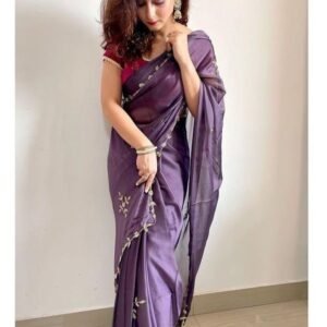 Beautiful Brown Rangoli Silk Handwork Floral Embroidered Saree