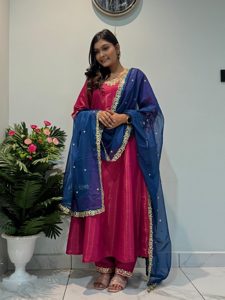 beautiful chimer silk shiny pi 1743589072 Beautiful Chimer Silk Shiny Pink Anarkali Gown