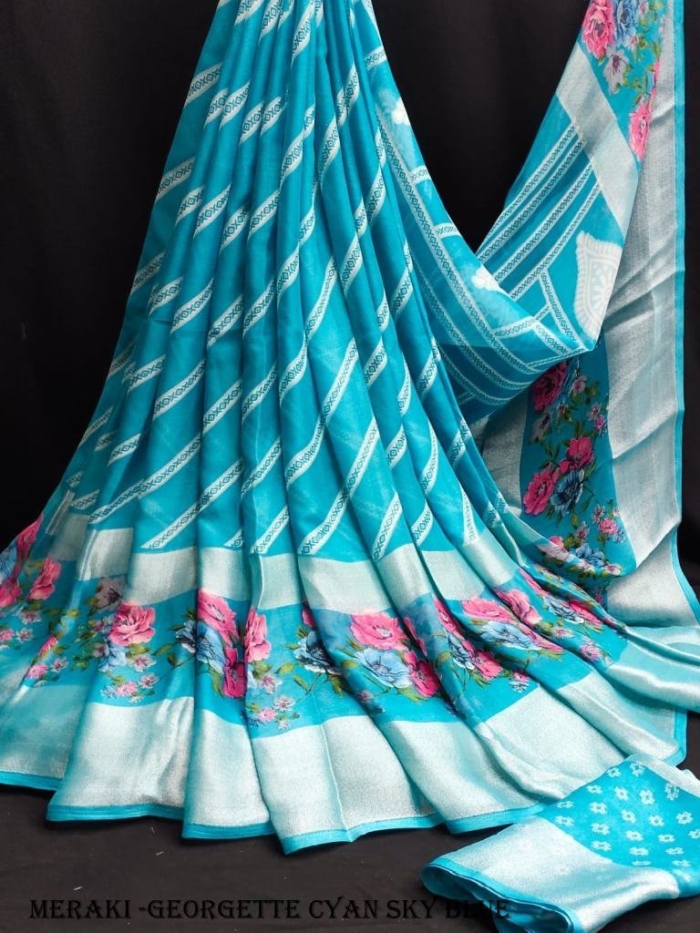 beautiful cyan sky blue color 1716981287 Beautiful cyan sky blue Color Lightweight Pure Moss Georgette Sarees
