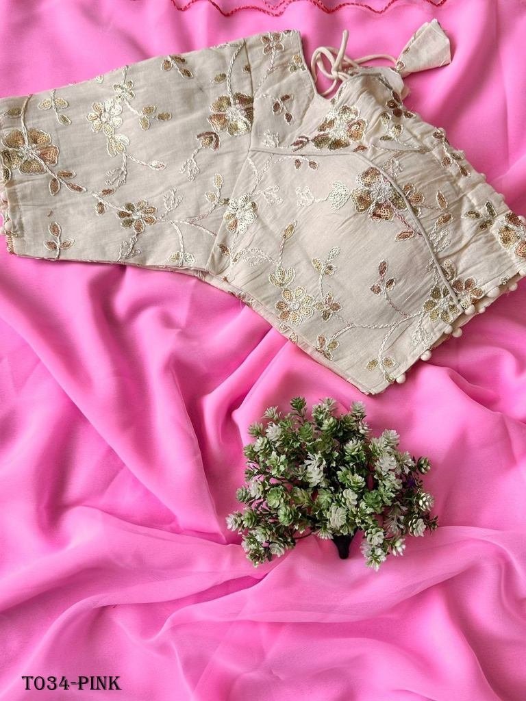 beautiful designer pure george 1718086055 Beautiful Designer Pure Georgette Pink Saree With Cotton Blouse