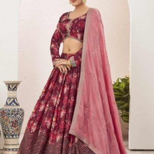 Beautiful Digital Printed Silk Blend Brown Lehenga Choli Set