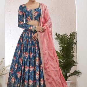 Beautiful Digital Printed Silk Blend PetroBlue Lehenga Choli Set