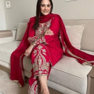 Beautiful Embroidery And Sequence Work Pure Chinon Silk Three Piece Kurtis Set