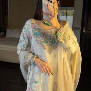 Beautiful Embroidery Sequence Work Georgette White Sharara Suit Set