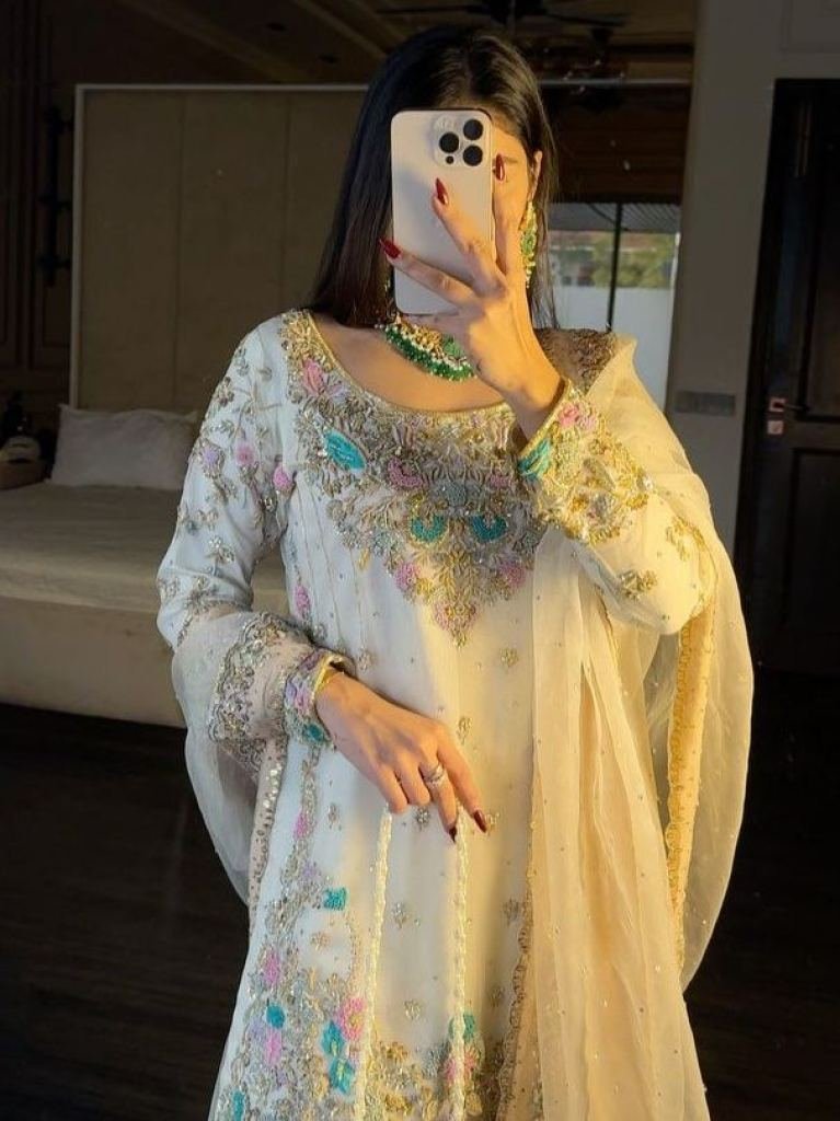 beautiful embroidery sequence 1747133253 Beautiful Embroidery Sequence Work Georgette White Sharara Suit Set