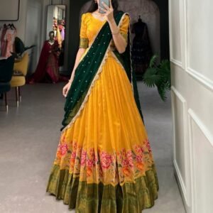 Beautiful Embroidery Work Yellow Cotton Silk Lehenga Choli With Attractive Dupatta