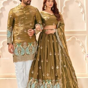 Beautiful Fendi Silk Embroidered Lehenga Mens Kurta Set For Festive