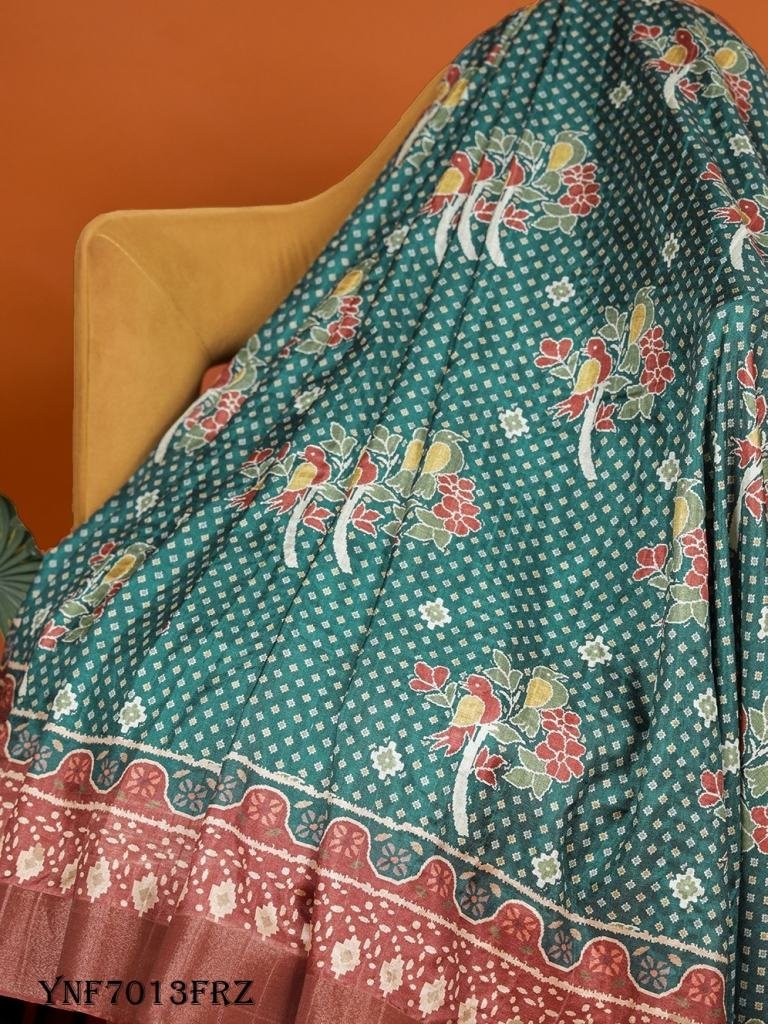 beautiful firozi color digital 1715926705 Beautiful Firozi Color Digital Printed Handloom Kotha Border Saree