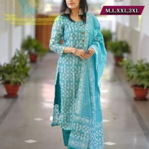 Beautiful Firozi Rayon Jaipuri Printed Straight Kurti With Pant And Dupatta