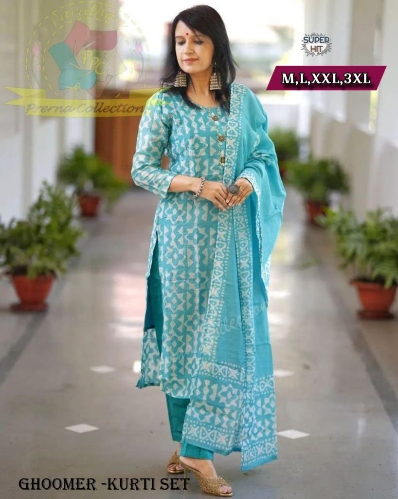 beautiful firozi rayon jaipuri 1716371116 Beautiful Firozi Rayon Jaipuri Printed Straight Kurti With Pant And Dupatta
