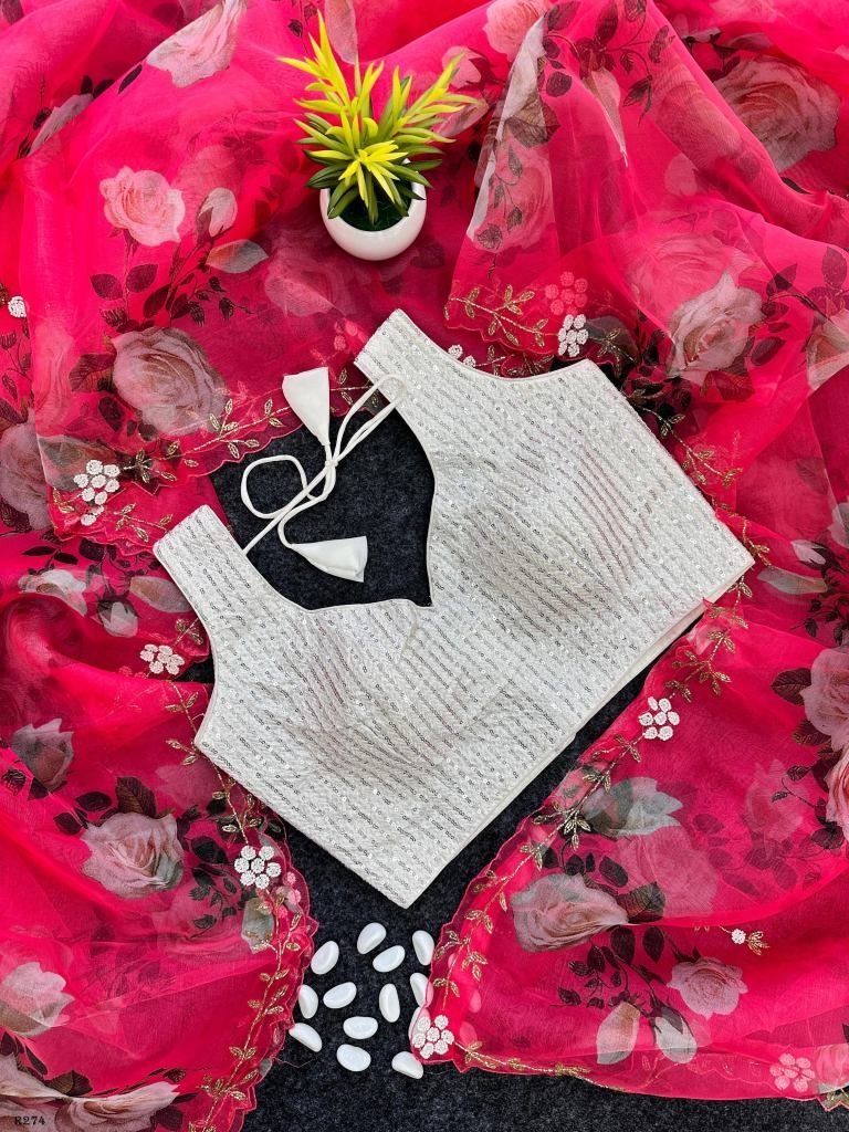 beautiful floral print with ha 1725442289 Beautiful Floral Print With Handwork Organza Saree