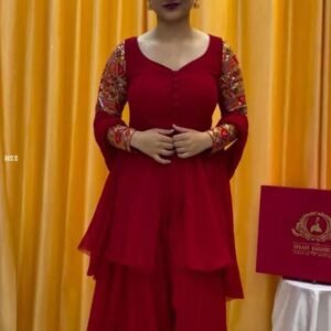 Beautiful Fox Georgette With Thread Work Red Plaza Suit