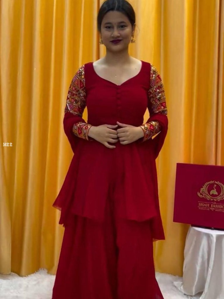 beautiful fox georgette with t 1742560568 Beautiful Fox Georgette With Thread Work Red Plaza Suit