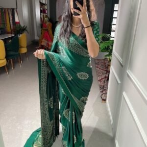 Beautiful Gaji Satin Green Printed Saree With Unstitched Blouse