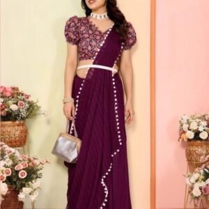 Beautiful Georgette Patta Silk Wine Saree