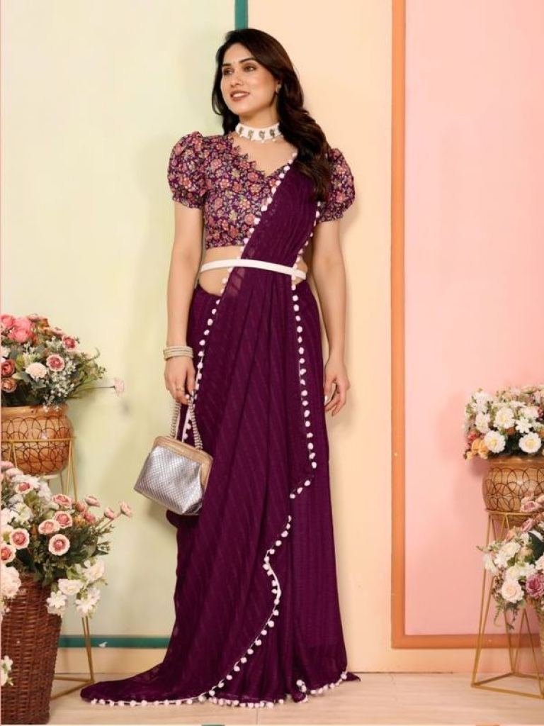 beautiful georgette patta silk 1728895775 Beautiful Georgette Patta Silk Wine Saree