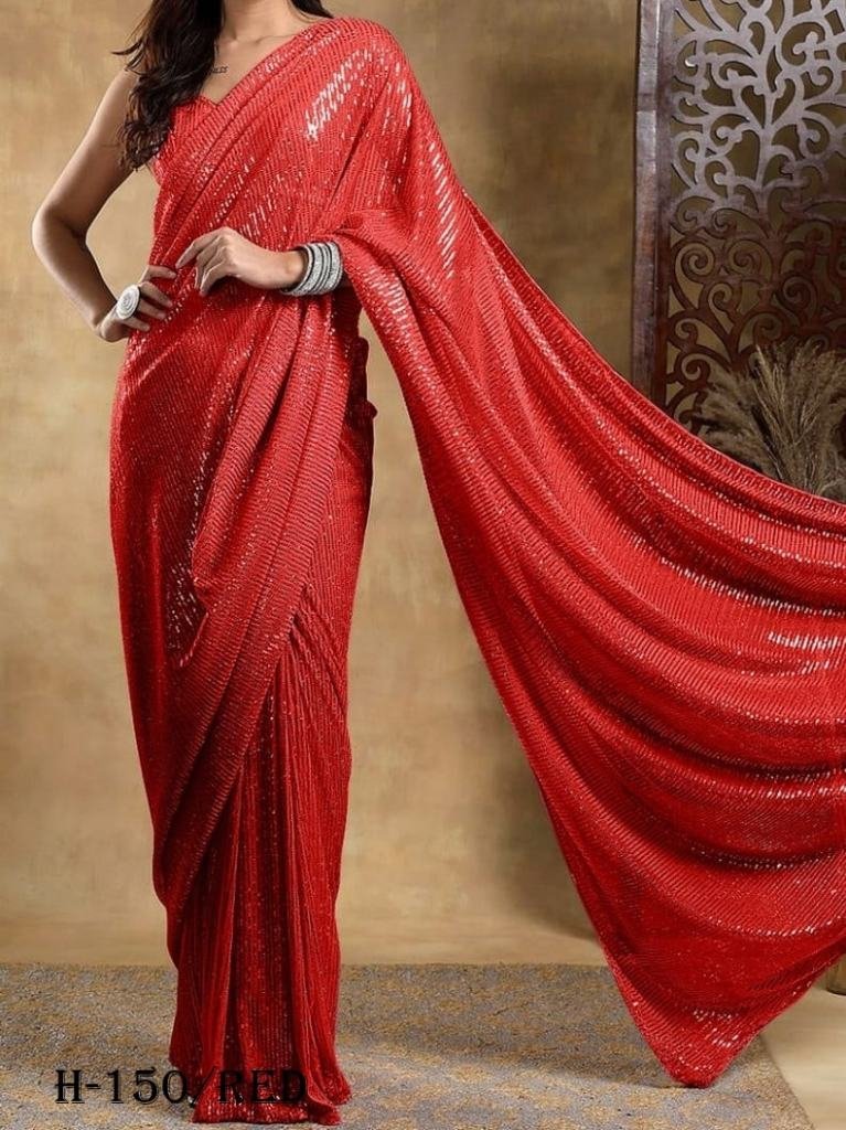 beautiful georgette red saree 1726229971 Beautiful Georgette Red Saree With Sequins Work Blouse