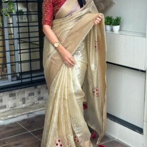 Beautiful Golden Festival Wear Organza Silk Saree