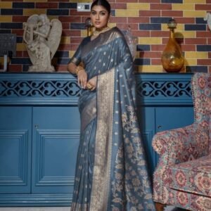 Beautiful Gray Pallu Banarasi Raw Silk Saree With Tassels