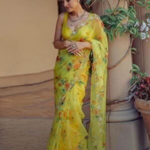 Beautiful Green Handcrafted Work Organza Saree With