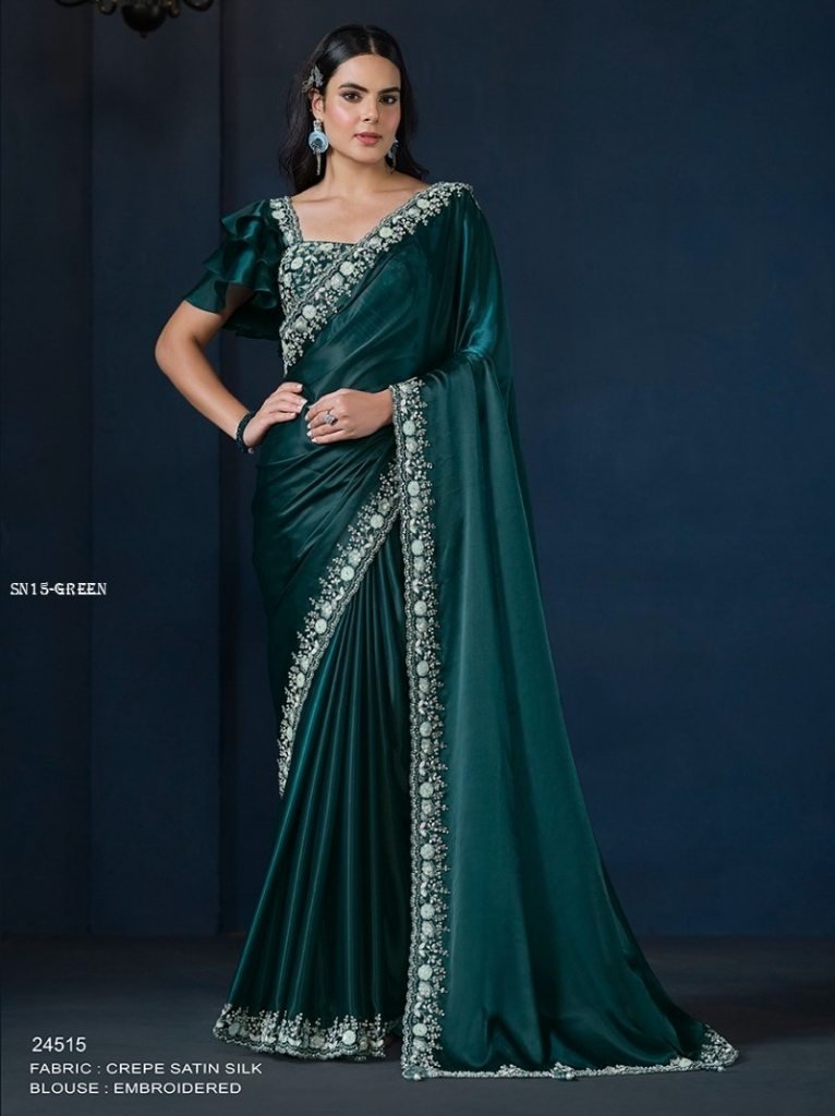 beautiful green silk saree wit 1748509091 Beautiful Green Silk Saree with sequins