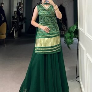 Beautiful Handcrafted Bandhani Peplum Plazzo Set With Golden Detailing