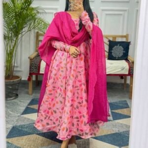 Beautiful Kota Chex Pink Floral Dress and Dupptta