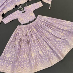 Beautiful Lavender Kids Girls Jacquard Silk Lehenga Choli With Odhni