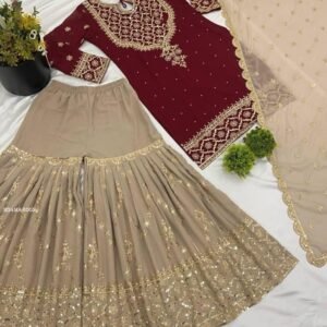 Beautiful Maroon Sharara Suit With Sequence Work