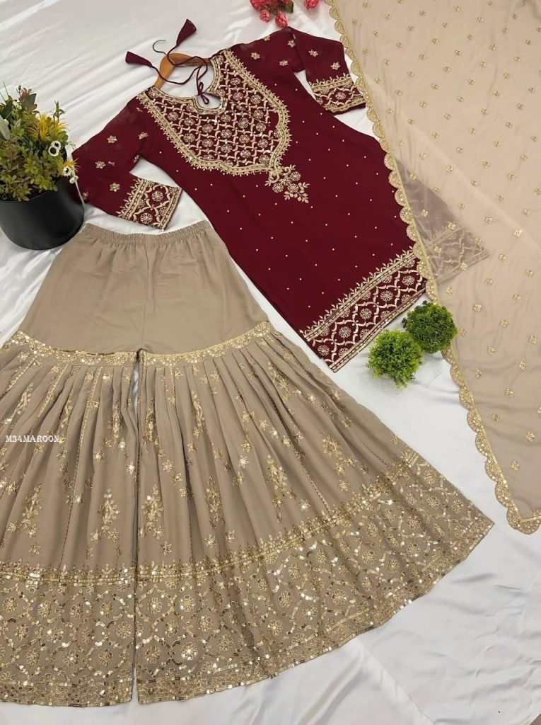beautiful maroon sharara suit 1743255054 Beautiful Maroon Sharara Suit With Sequence Work
