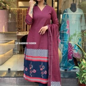 Beautiful Maslin Maroon Kurti Suit Set With Digital Print
