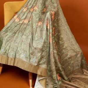 Beautiful Mehandi Color Digital Printed Handloom Kotha Border Saree