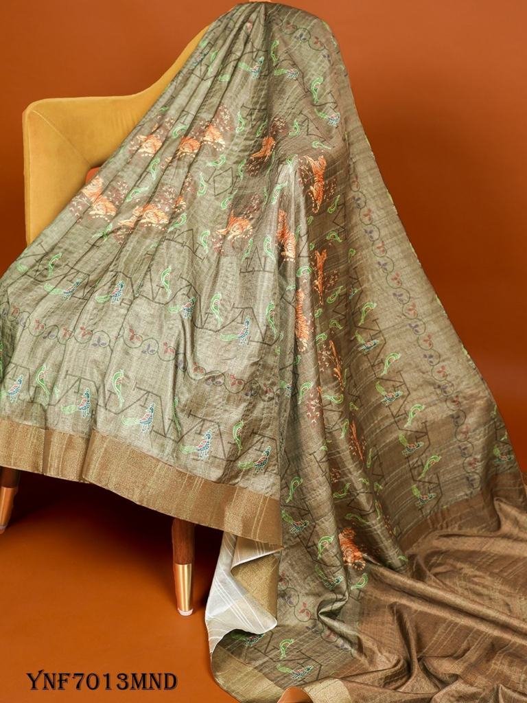 beautiful mehandi color digita 1715927077 Beautiful Mehandi Color Digital Printed Handloom Kotha Border Saree