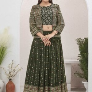 Beautiful Mehendi Green Georgette Lehenga with Shrug Jacket