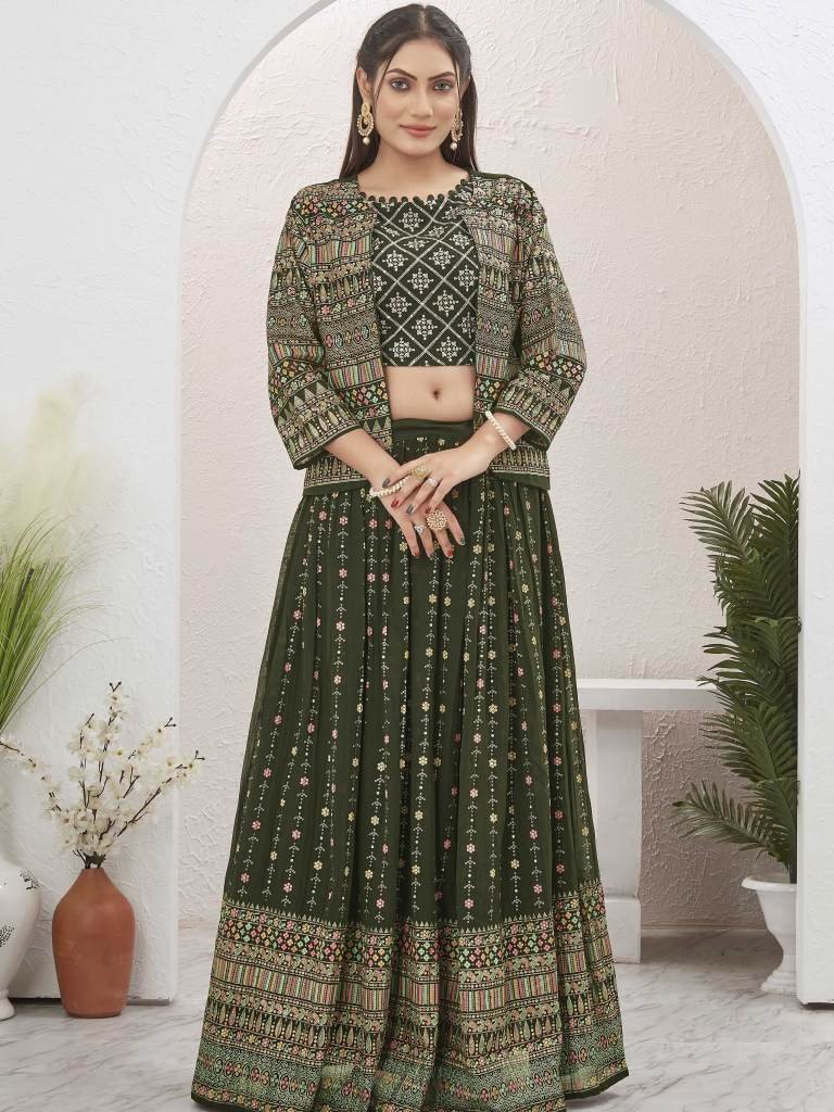 beautiful mehendi green george 1713865822 Beautiful Mehendi Green Georgette Lehenga with Shrug Jacket