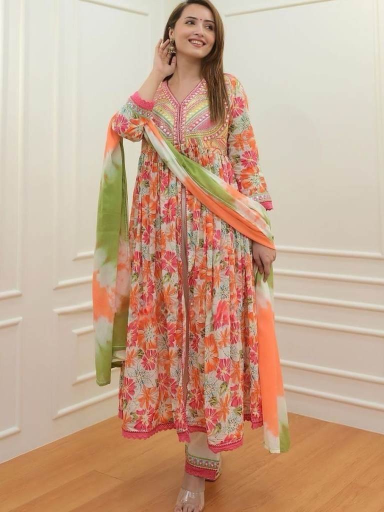 beautiful multi color party we 1712832020 Beautiful Multi color Party Wear Mirror Work Anarkali Suit