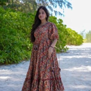 Beautiful Multi Color Pure Muslin Puff Sleeve Gown