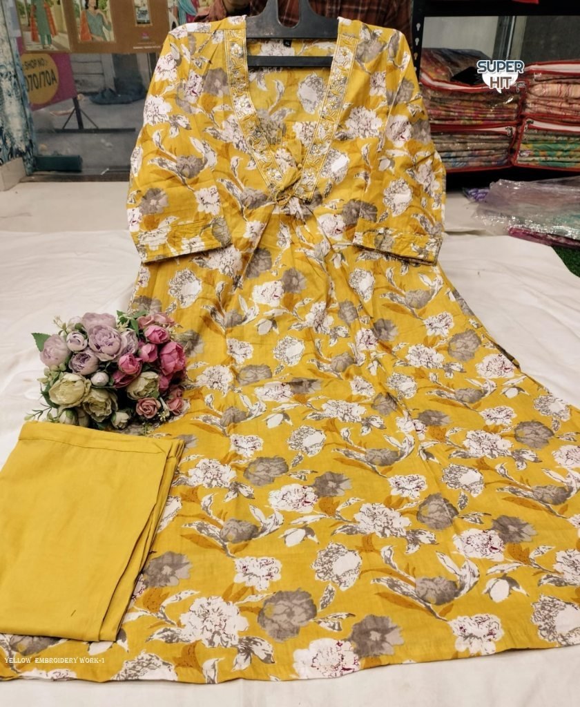 beautiful neck katha and embro 1713000537 Beautiful Neck Kantha And Embroidery Work Kurti Pant sets