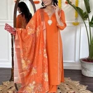 Beautiful Orange Embroidered Work Viscose Chanderi Kurtis Dupatta Set