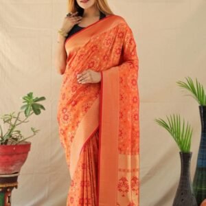Beautiful Orange Handloom Soft Silk Weaving Sarees