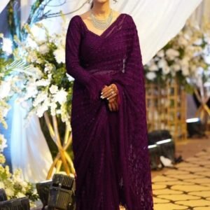 Beautiful Party Wear Wine Mono Net Saree With Emroidery Work