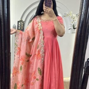 Beautiful Peach Anarkali Dress With Digital Printed Dupatta