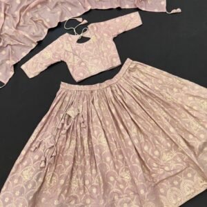 Beautiful Peach Kids Girls Jacquard Silk Lehenga Choli With Odhni