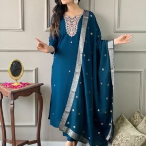 Beautiful Petrol Chanderi Embroidery Straight Kurti Set With Cotton Lining