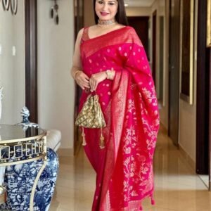 Beautiful Pink Pallu Banarasi Raw Silk Saree With Tassels