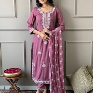 Beautiful Pink Rayon With Embroidery Work Kurti Pant Set
