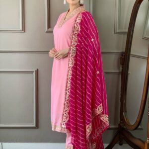 Beautiful Pink V Neck Viscose Silk Kurti Pant Dupatta Pair